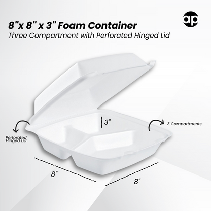 8" x 8" x 3" White Foam Three-Compartments Square Take Out Container with Perforated Hinged Lid - 200/Bag