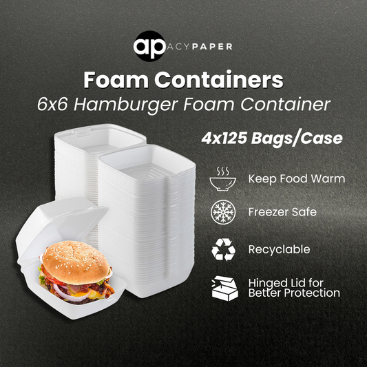 6" x 6" x 3" White Foam Hinged Lid Container - 500/Pack