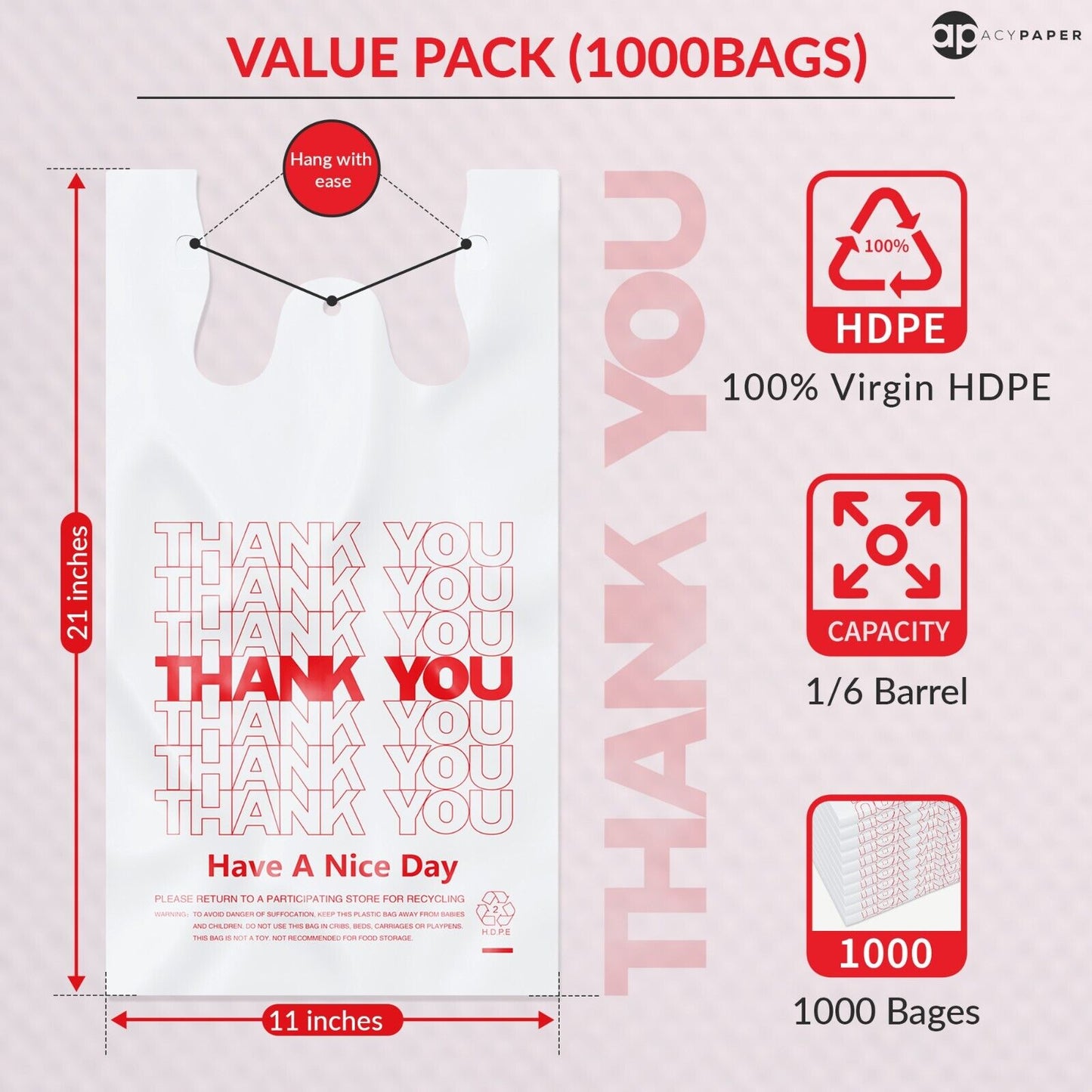 T-Shirt Bags (1000 Count), Plastic - (11" x 6" x 21") White/Thank You - 1/6 Barrel