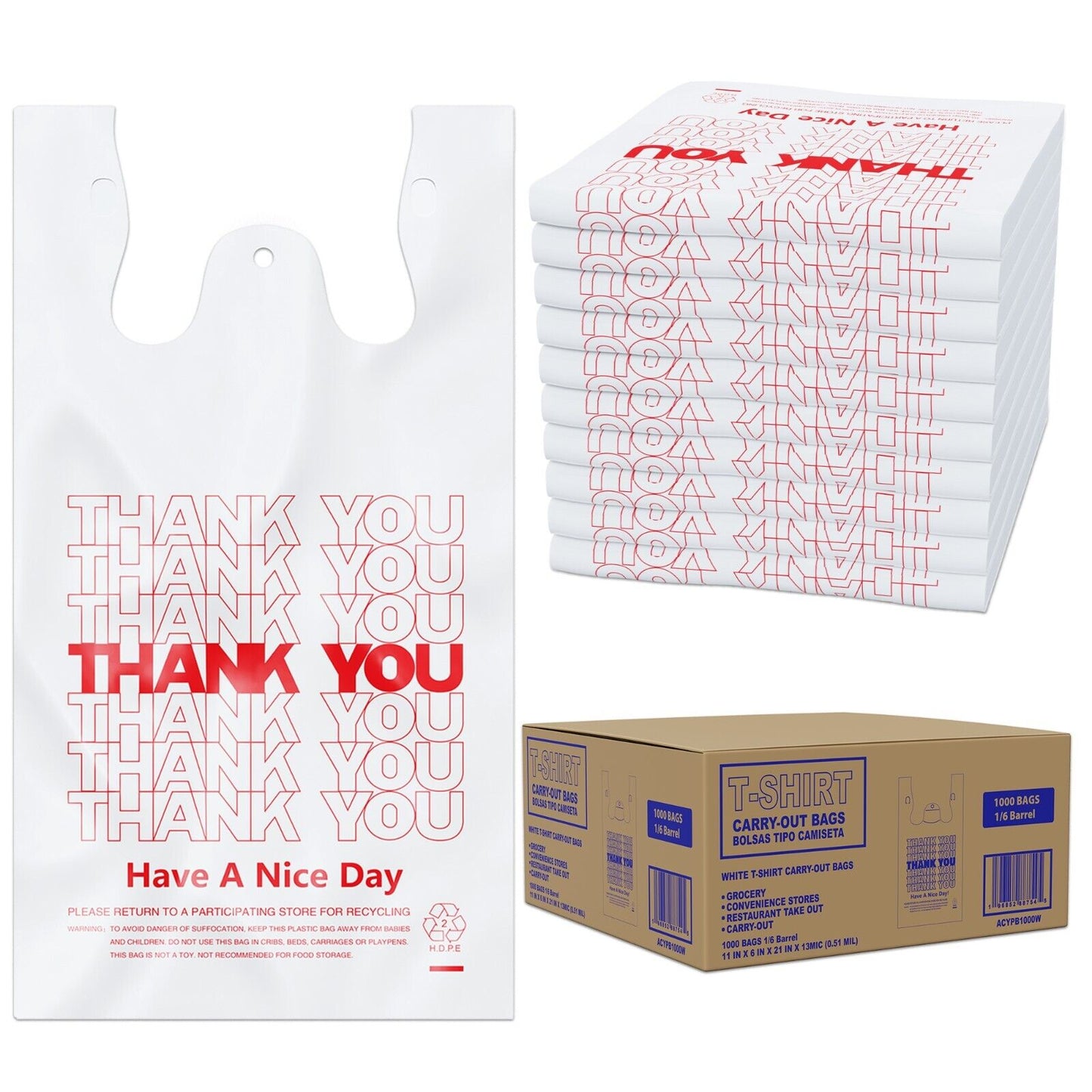 T-Shirt Bags (1000 Count), Plastic - (11" x 6" x 21") White/Thank You - 1/6 Barrel