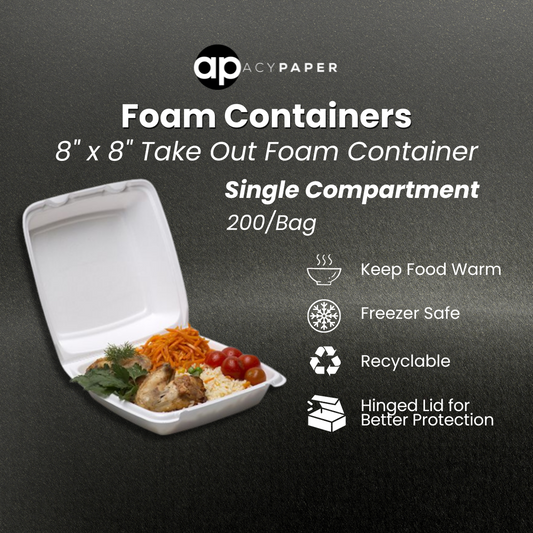 8" x 8" x 3" White Foam Single-Compartment Square Take Out Container with Perforated Hinged Lid - 200/Bag