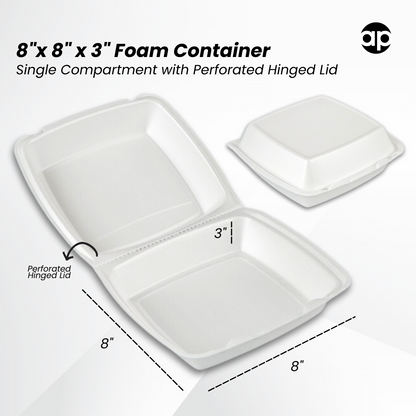 8" x 8" x 3" White Foam Single-Compartment Square Take Out Container with Perforated Hinged Lid - 200/Bag