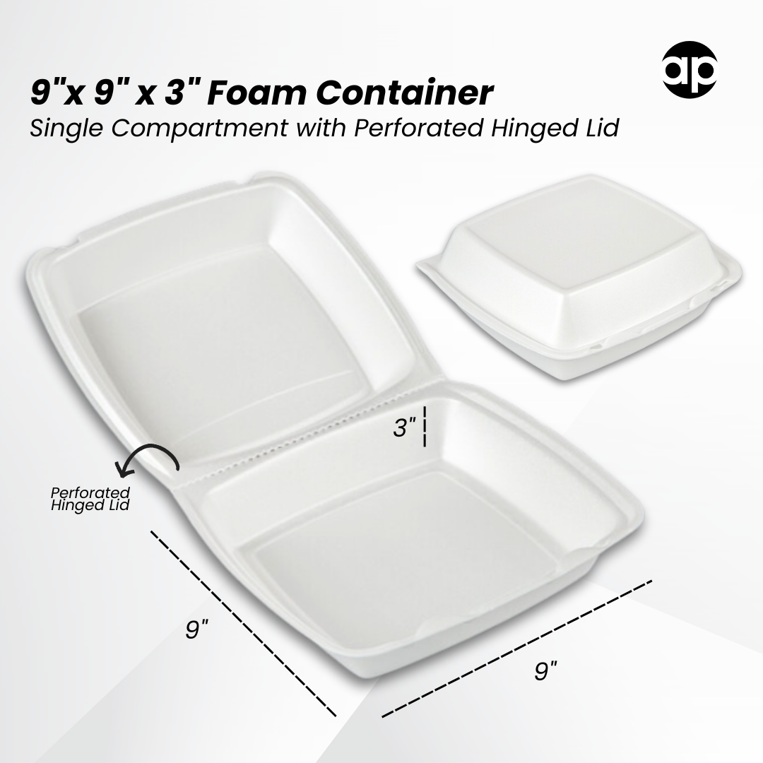 9" x 9" x 3" - White Foam Square Take Out Container with Hinged Lid - 200/Bag