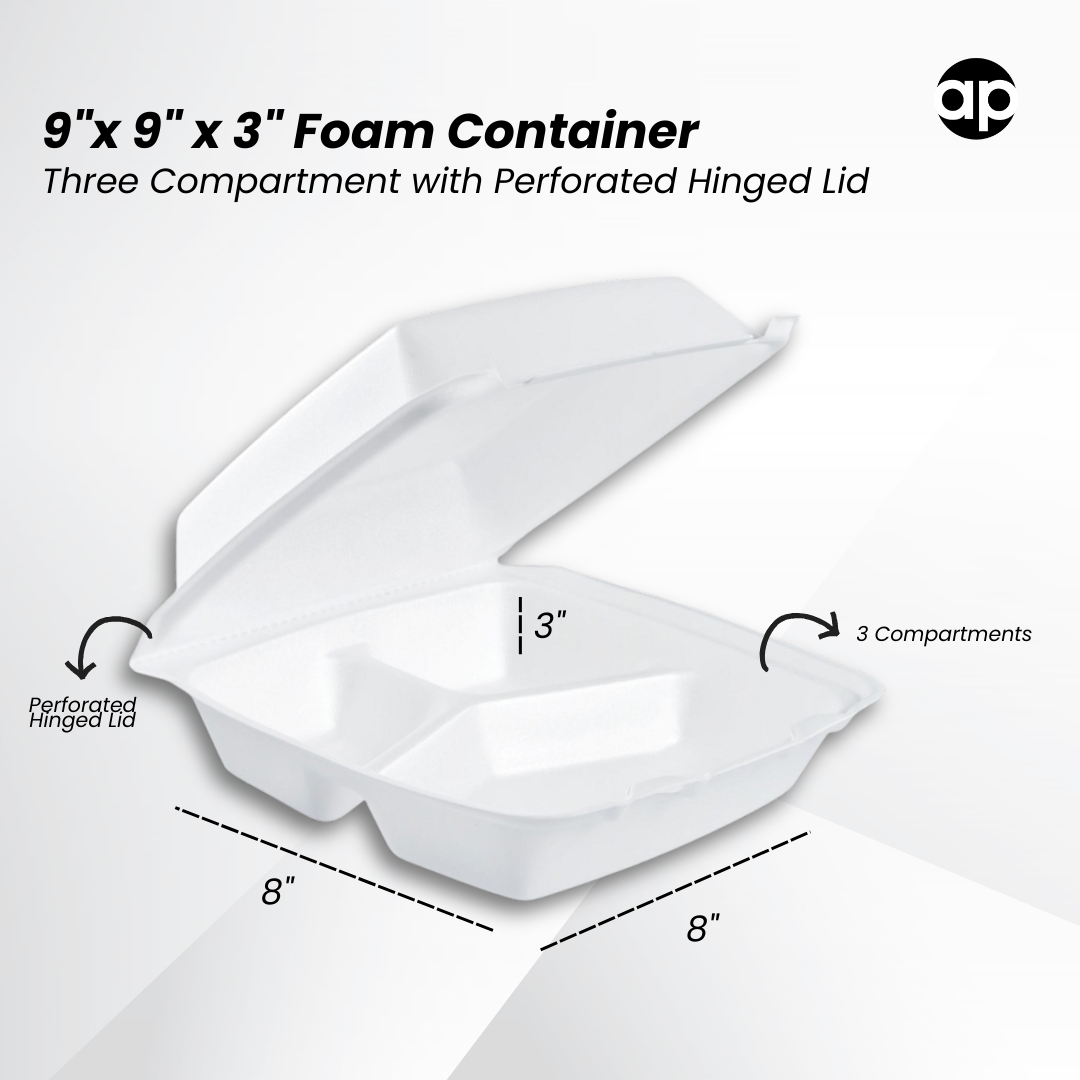 9" x 9" x 3" Perforated White Foam Three-Compartment Square Take Out Container with Hinged Lid - 200/Case
