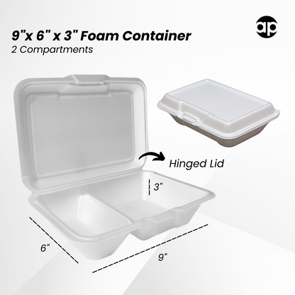 205 9" x 6" x 3" White Foam 2 Compartment Take Out Container with Hinged Lid - 200/Case