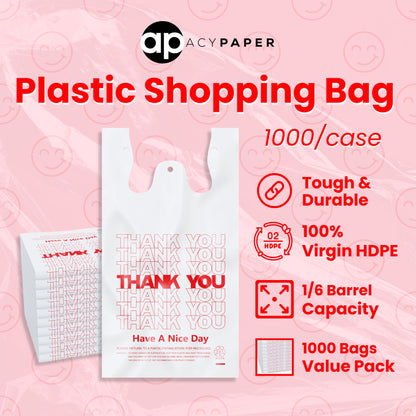 T-Shirt Bags (1000 Count), Plastic - (11" x 6" x 21") White/Thank You - 1/6 Barrel