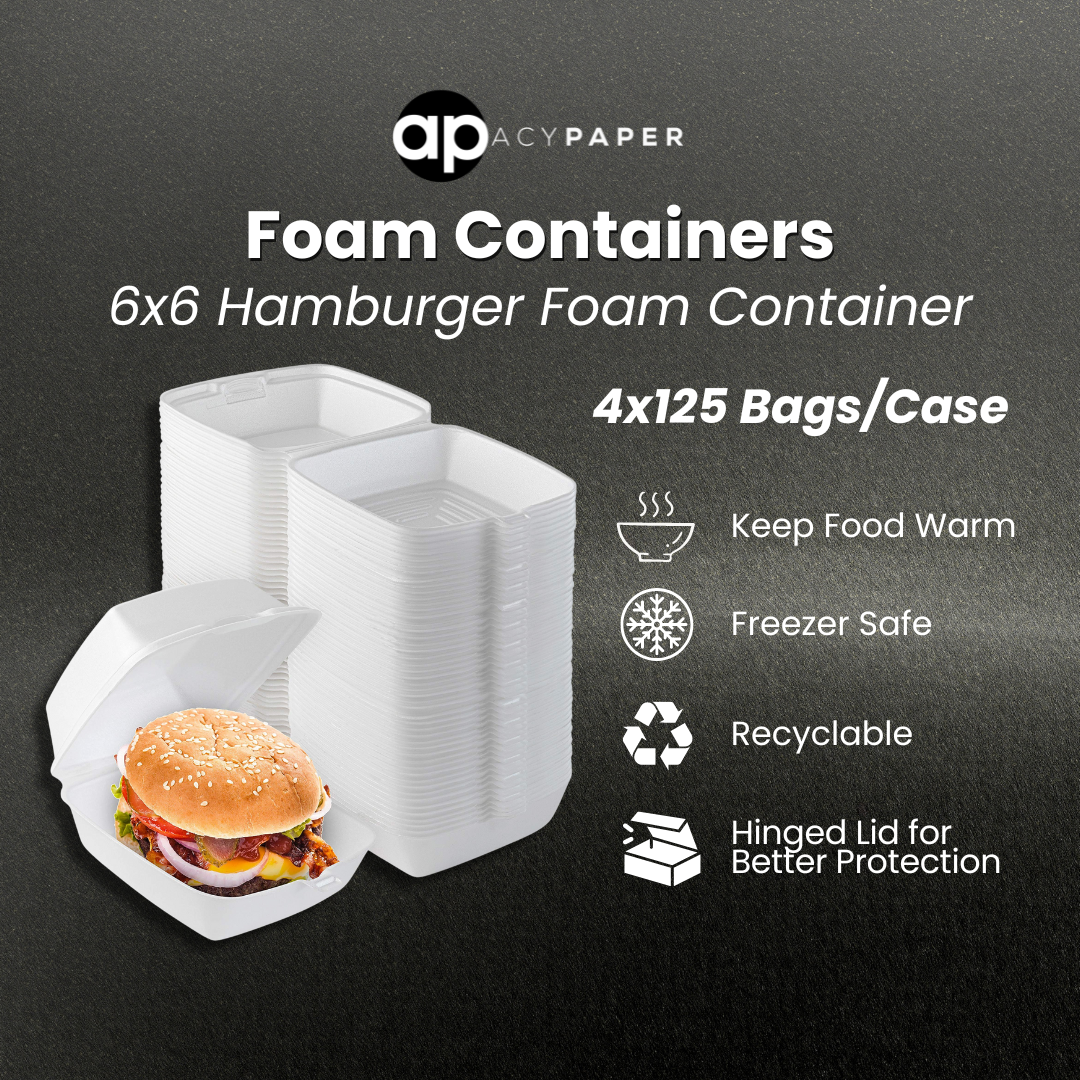 6" x 6" x 3" White Foam Hinged Lid Container - 500/Pack