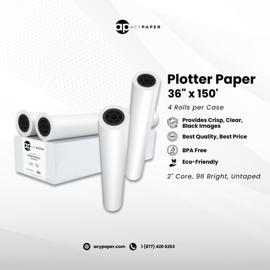 Plotter Paper 36 x 150, CAD Paper Rolls, 20 lb. Bond Paper on 2" Core for CAD Printing on Wide Format Ink Jet Printers, 4 Rolls per Box. Premium Quality