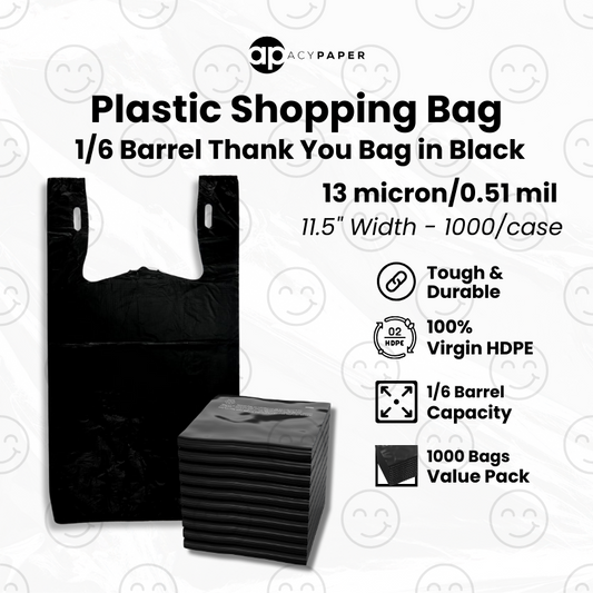 1/6 size barrel Thank You Bag in Black. Standard-Duty T-shirt Plastic Bag 13 micron/0.51 mil - 1000/case